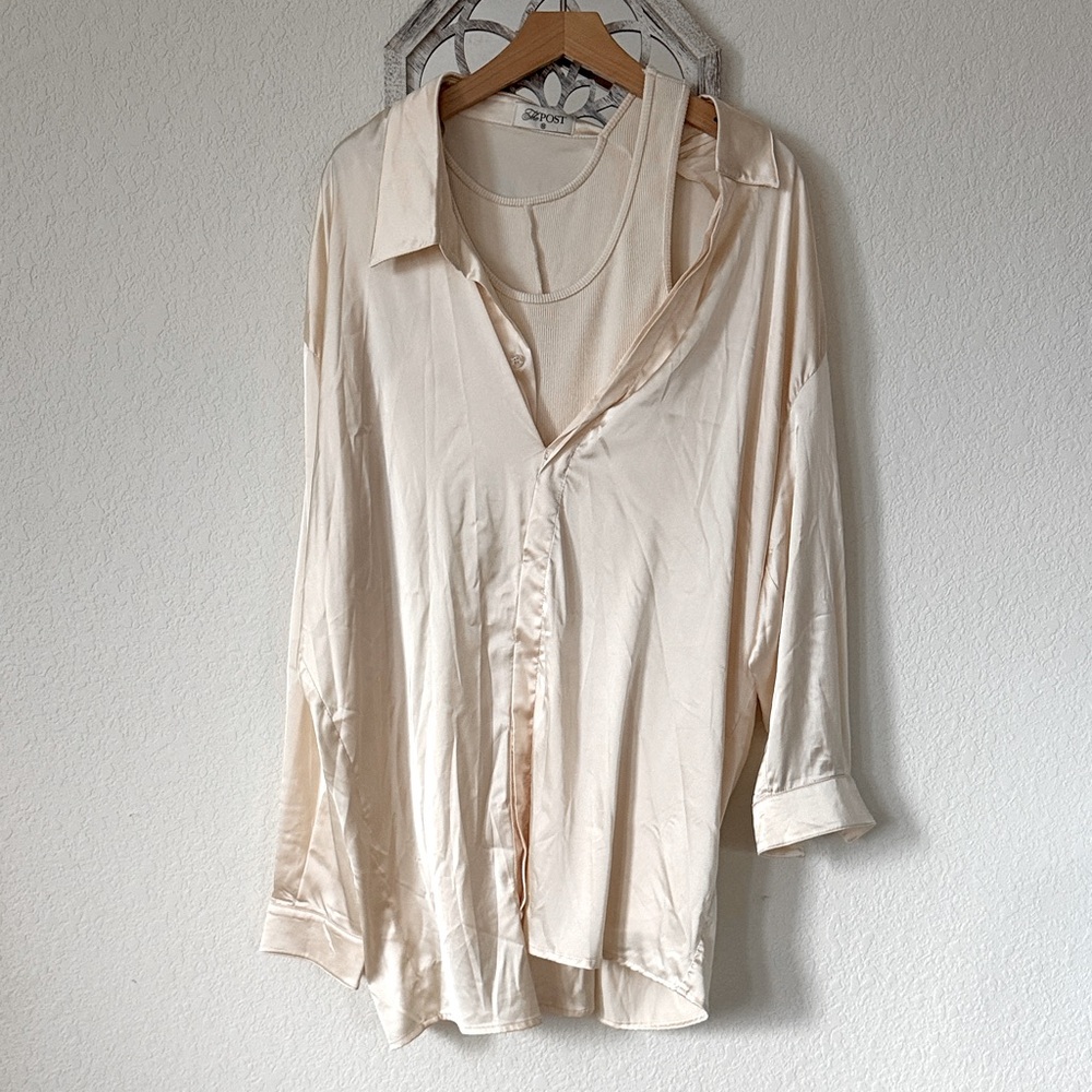 The Post • Cream Satin and Ribbed Knit Layered Off Shoulder Button Up Blouse